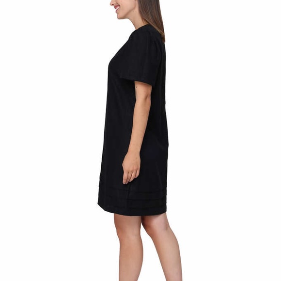 Nicole Miller Original Black V-Neck Short Flutter Sleeve Linen Blend Shift Dress - Picture 2 of 9